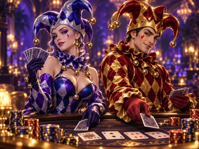 LolaJack Casino jester dealing cards at a live table